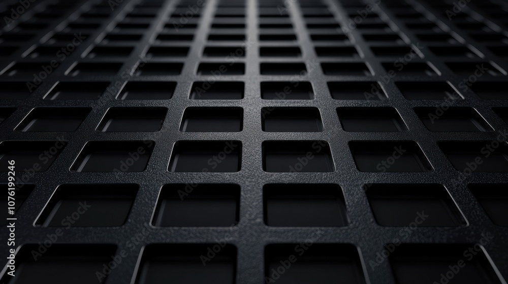 Poster a close-up view of a textured black grid with square openings, creating a contemporary industrial fe