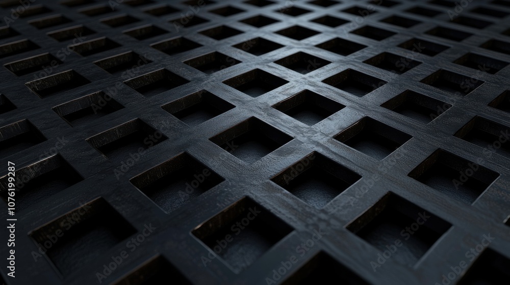 Poster a detailed close-up of a dark, textured grid pattern made of interconnected squares, creating a mode