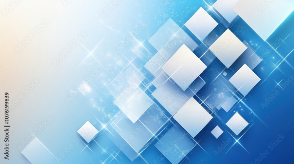 Poster an abstract design featuring sparkling blue and white squares in a dynamic arrangement, creating a m