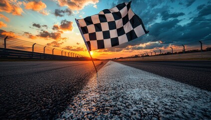 Checkered Flag at Sunset on a Race Track