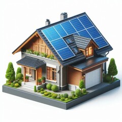House model with solar panels on the roof on a white background. AI generated.