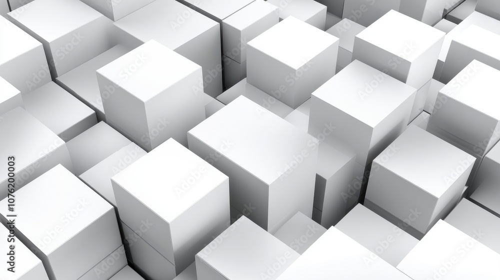 Poster abstract composition of various white cubes creating a three-dimensional geometric pattern.