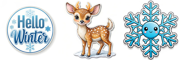 Hello Winter, Cute Deer, Snowflake Sticker Set