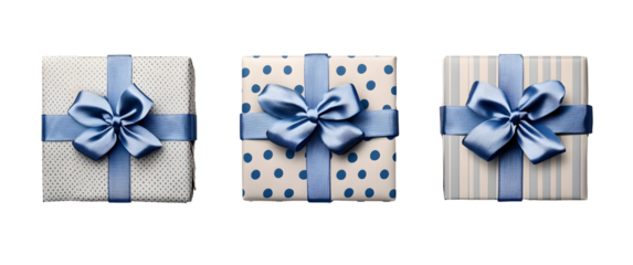 Top view of Christmas, birthday or valentine presents decorated in pale blue spots and stripes with a blue ribbon bow isolated against a transparent background.