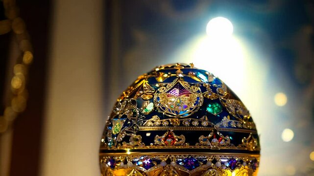 Camera zooms in on a faberg&Eacute; egg during easter, spotlight illuminates gold filigree and jeweled patterns