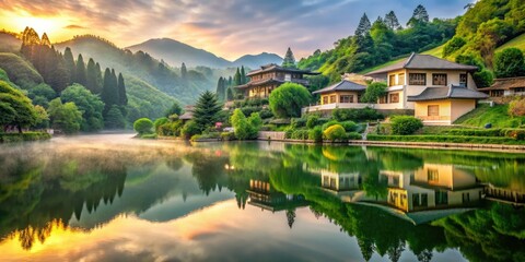 Fototapeta premium Serene Architectural Landscape: Tranquil Settings with Harmonious Structures, Lush Greenery, and Soft Lighting for Peaceful Atmosphere in Nature and Architecture Photography