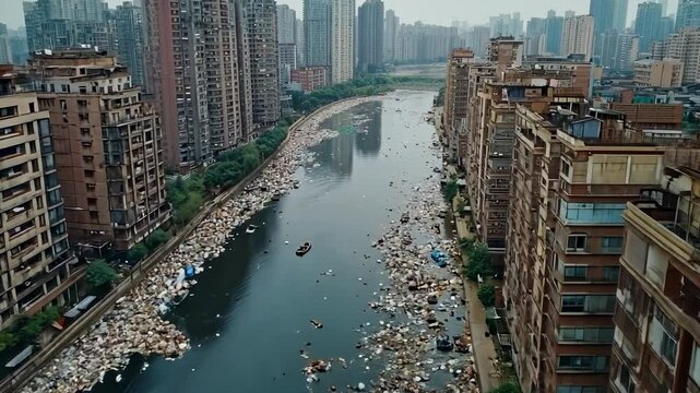 Urban River Pollution, water, trash, garbage, plastic, city