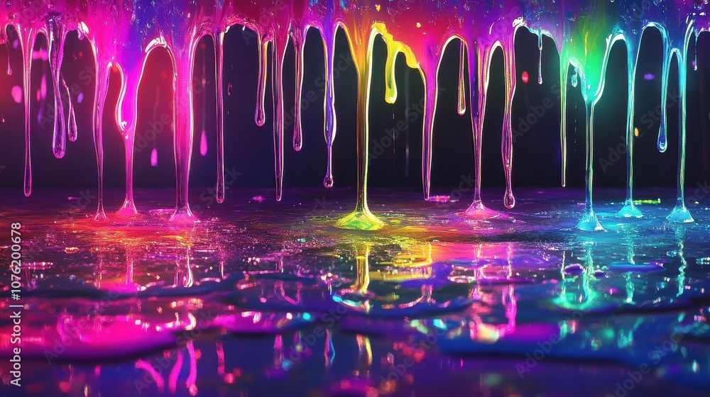 Poster a vibrant abstract scene of dripping colors, showcasing a rainbow effect with reflections on a shiny