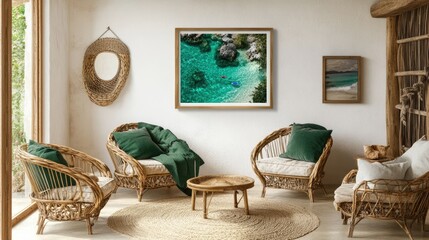 Cozy and Modern Living Room with Natural Elements and Artwork, Featuring Comfortable Rattan Chairs and Beach-inspired Decor in Serene Atmosphere