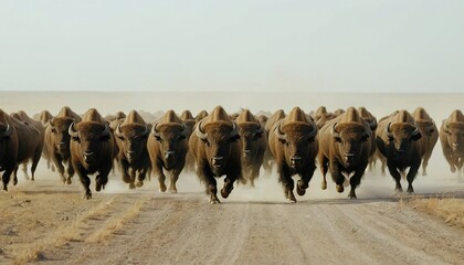 Front view of big herd of wild  buffalos stampede running in a dusty plain