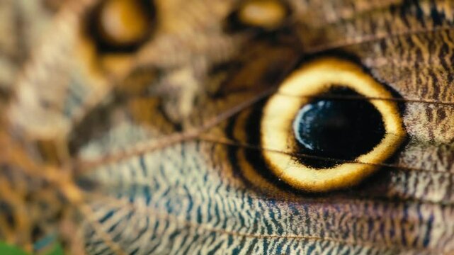 Macro shot of a wing of an owl butterfly. Slow motion. 