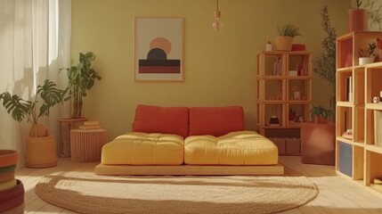 Cozy and Stylish Living Room Interior with Yellow Sofa, Green Walls, Natural Light, Green Plants, and Wooden Accents in a Modern Home Design