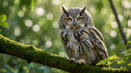Fototapeta premium Owl sitting in a tree in the forest