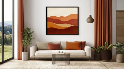 Serene Living Room Interior with Earthy Tones and Abstract Landscape Artwork, Showcasing Modern Design Elements and Natural Light in Cozy Atmosphere