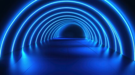 A mesmerizing blue neon tunnel creates a futuristic ambiance with smooth curves and glowing edges.