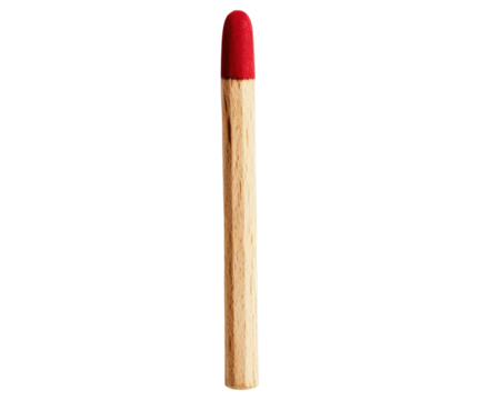 Single wooden matchstick with a red tip on a white isolated background.