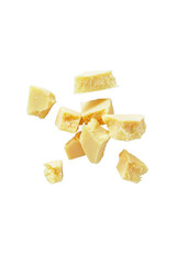 Closeup of parmesan cheese isolated on a transparent background without shadow from above, top view
