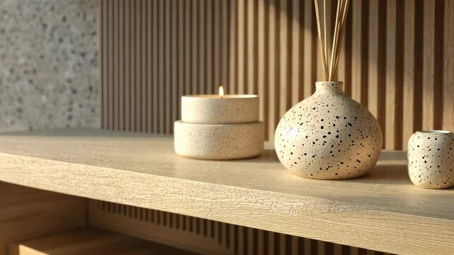 Scented Candles and Diffuser on Wooden Shelf, aroma, fragrance, home decor, interior design, living room