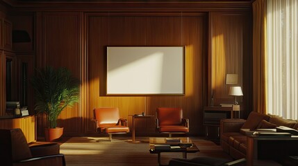 Modern Office Interior with Wooden Panels, Minimalist Furniture, and Elegant Lighting in a Tranquil Workspace Setting Featuring a Blank Canvas Wall