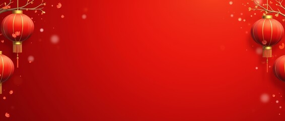 Red Chinese lanterns and cherry blossom branches on a red background with copy space. Copy space
