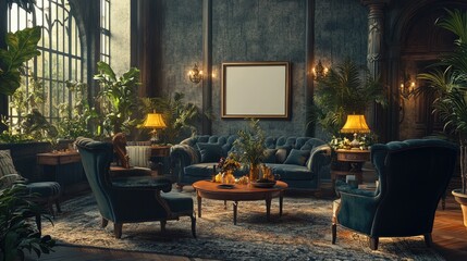 Elegant and Cozy Living Room with Lush Indoor Plants and Classic Furniture, Inviting Atmosphere Perfect for Relaxation and Gathering in Stylish Decor