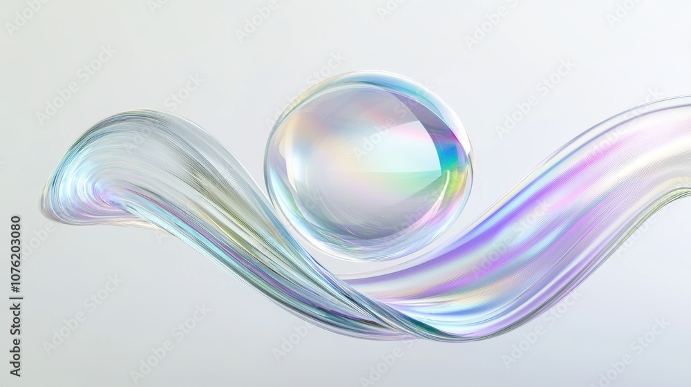 Poster a mesmerizing translucent bubble floats above a flowing ribbon of iridescent colors, creating a sere