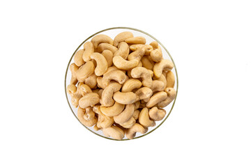cashew nuts in glass bowl on white background