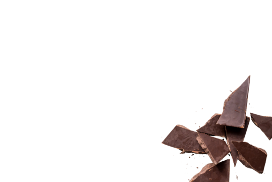 Broken organic dark chocolate bar isolated on a transparent background without shadow from above, top view