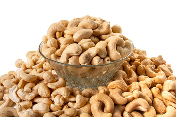 cashew nuts in glass bowl on white background