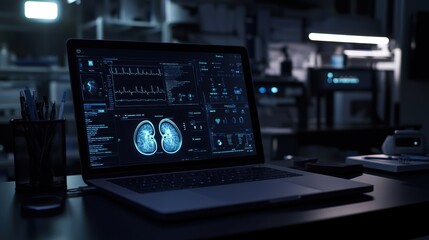 Close-up of a laptop screen on a modern dark desk setup, displaying an advanced digital health database with secure data lock icons, detailed health metrics, and analysis charts in a workspace.