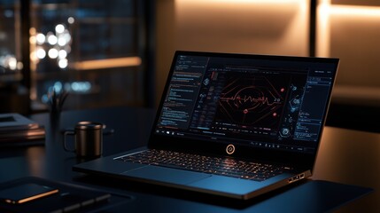 Close-up of a laptop screen on a modern dark desk setup, displaying an advanced digital health database with secure data lock icons, detailed health metrics, and analysis charts in a workspace.