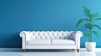 Fototapeta premium White Sofa and Palm Plant Against a Blue Wall