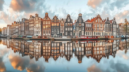 Obraz premium Authentic buildings of Amsterdam and trees covered with orange and crimson leaves reflected in the calm waters of famous Dutch channel. Stunning morning scene of Netherlands, Europe.