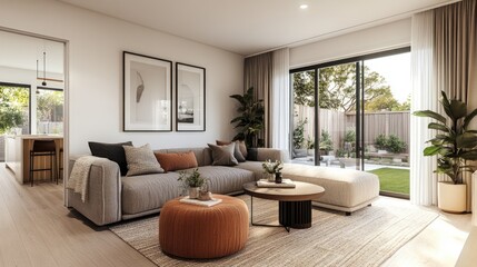 Modern and Stylish Living Room Design Featuring Comfortable Sofa, Natural Light, Indoor Plants, and Contemporary Decor in a Cozy Home Environment