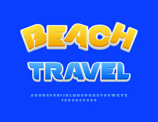 beachVector funny banner Beach Travel with trendy Font. Stylish Blue Alphabet Letters ad Numbers set