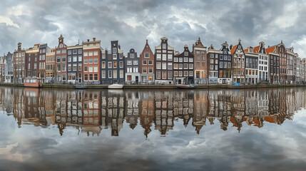 Fototapeta premium Authentic buildings of Amsterdam and trees covered with orange and crimson leaves reflected in the calm waters of famous Dutch channel. Stunning morning scene of Netherlands, Europe.