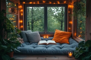 Fototapeta premium Cozy Window Seat with Book, Candles, and Plants
