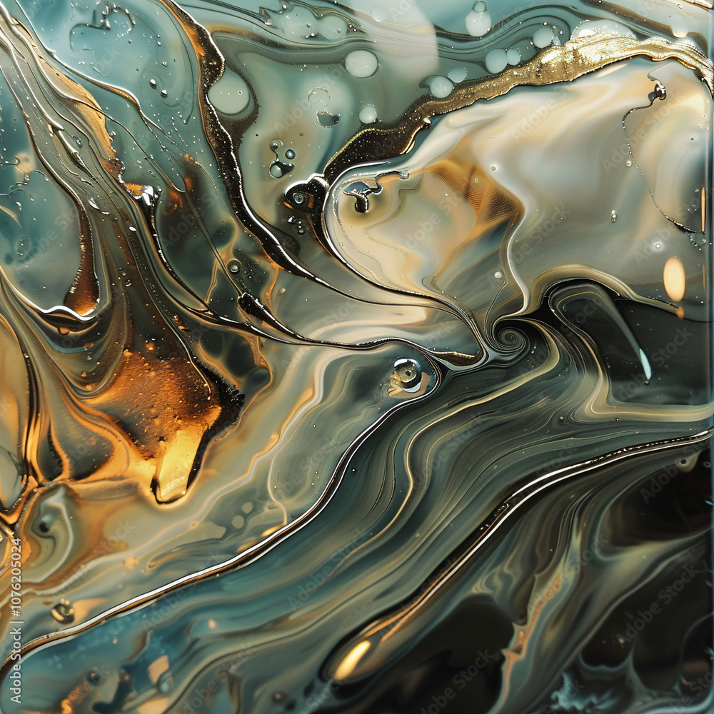 Poster an abstract composition showcasing swirling patterns in teal and gold hues, creating a visually stri