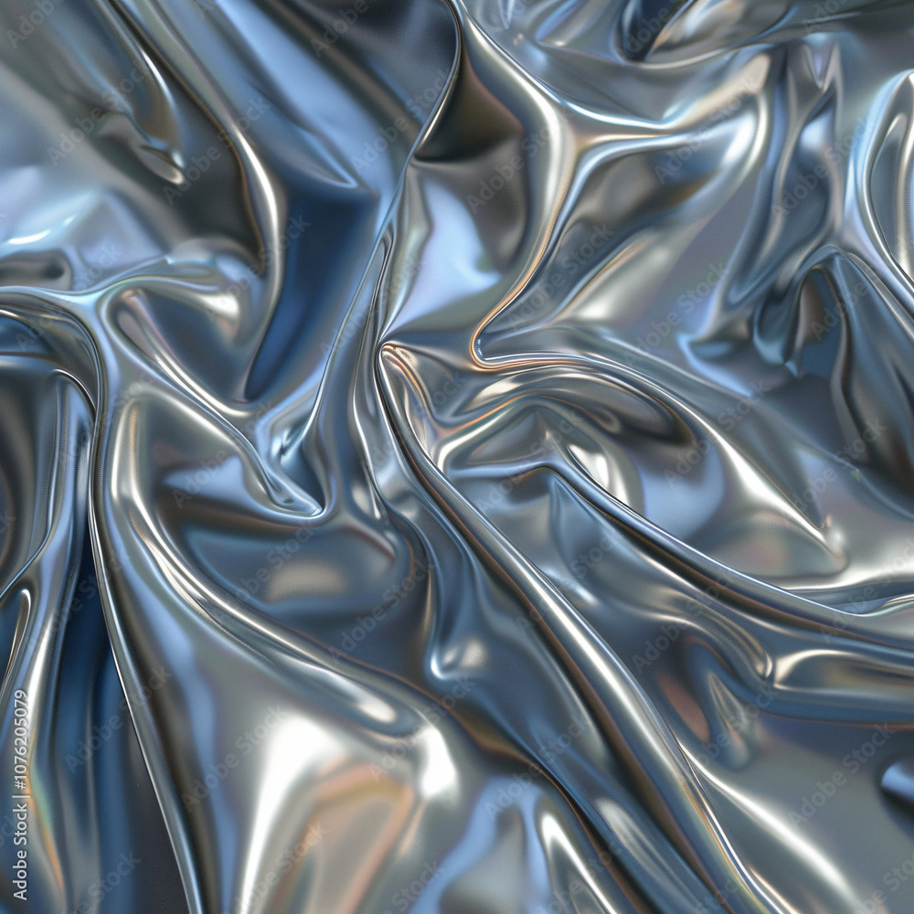Poster a close-up of shiny, crumpled silver fabric reflecting light, emphasizing its texture and depth for 