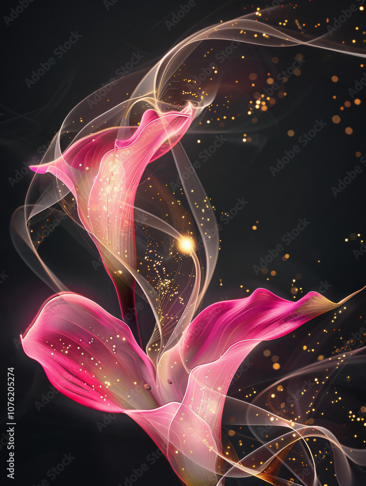 Poster an artistic representation of two intertwined calla lilies with flowing colors and sparkling element