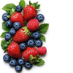 Obraz premium A photostock of fresh strawberries and blueberries scattered together, ideal for fruit or healthy eating themes, isolated on transparent PNG background, High Quality