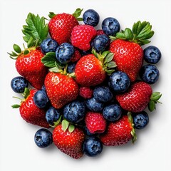 A photostock of fresh strawberries and blueberries scattered together, ideal for fruit or healthy eating themes, isolated on transparent PNG background, High Quality