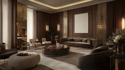 Fototapeta premium Elegant and Modern Living Room Interior Design Featuring Warm Tones, Chic Furniture, and Sophisticated Decor for a Luxurious Ambiance in a Contemporary Setting