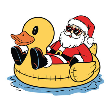 Santa Relaxing on Rubber Duck Float in Water Illustration
