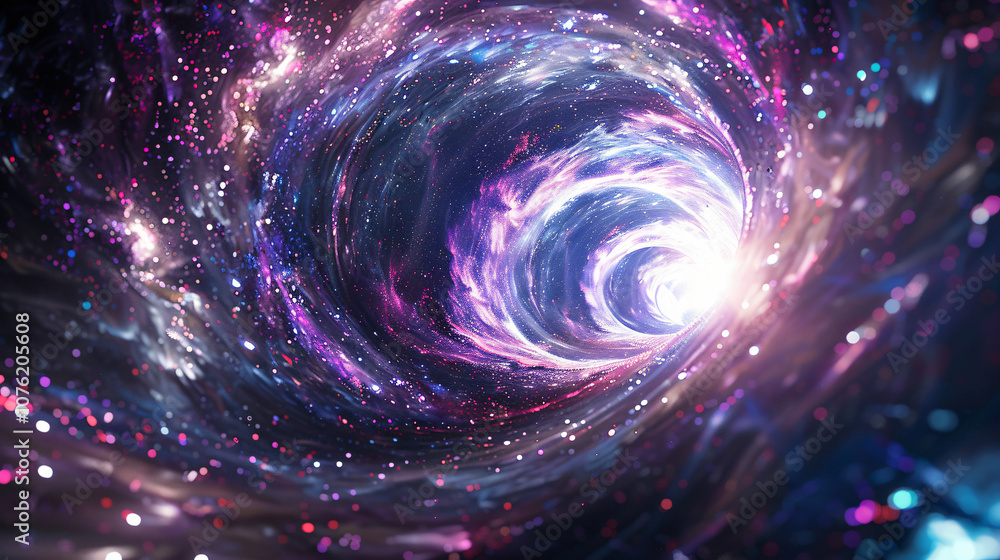 Poster a captivating representation of a cosmic tunnel filled with swirling purple and blue patterns, creat