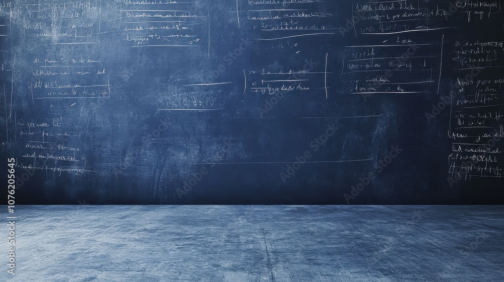 Poster a spacious classroom with a blue chalkboard covered in mathematical equations and notes, ready for a