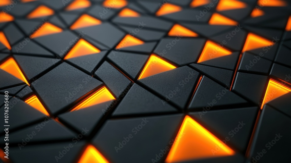 Poster abstract geometric pattern featuring black triangles with glowing orange edges.