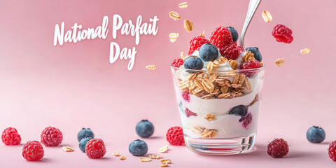 Layered parfait with yogurt, granola, and fresh berries on a pink background for National Parfait Day celebration.
