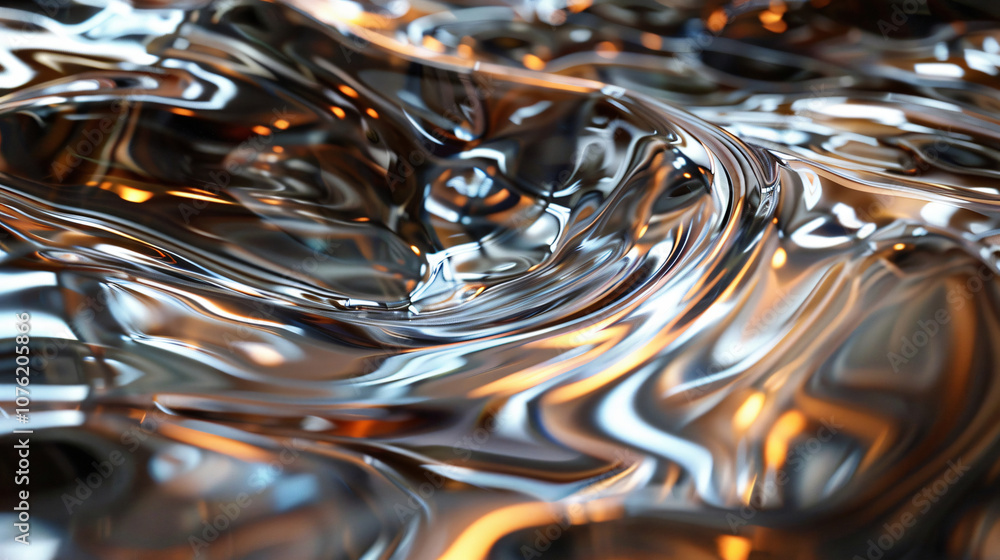 Poster an abstract representation of shiny silver liquid, undulating and reflecting light, creating a sense