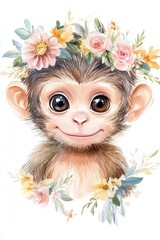 Obraz premium Adorable watercolor portrait of a baby monkey adorned with a floral crown, radiating charm and playfulness in a vibrant setting. Generative AI